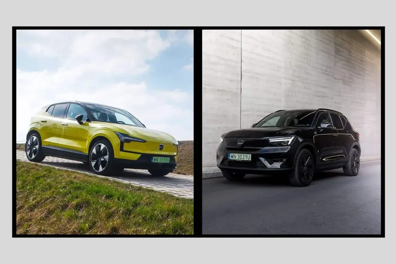 Dwa Volvo XC40: żółte na tle nieba i zieleni, czarne przy betonowej ścianie.