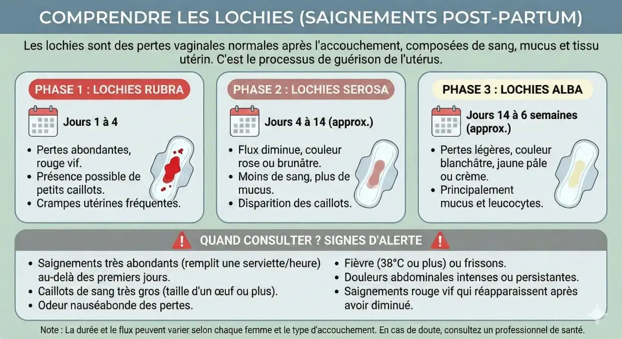 Comprendre les lochies, pertes post-accouchement. Phase 1 : abondantes, rouge vif. Phase 2 : flux r&eacute;duit, rose/brun&acirc;tre. Phase 3 : l&eacute;g&egrave;res, blanch&acirc;tres. Attention aux signes d'alerte.