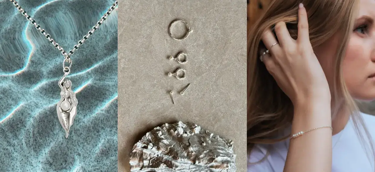 Delikatny mięczak z perłą jako wisiorek, kolczyki i bransoletka. Biżuteria inspirowana naturą.