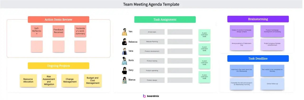 Plantilla de agenda para una **reuni&oacute;n de trabajo**. Incluye secciones para revisi&oacute;n de acciones, asignaci&oacute;n de tareas, lluvia de ideas y plazos.