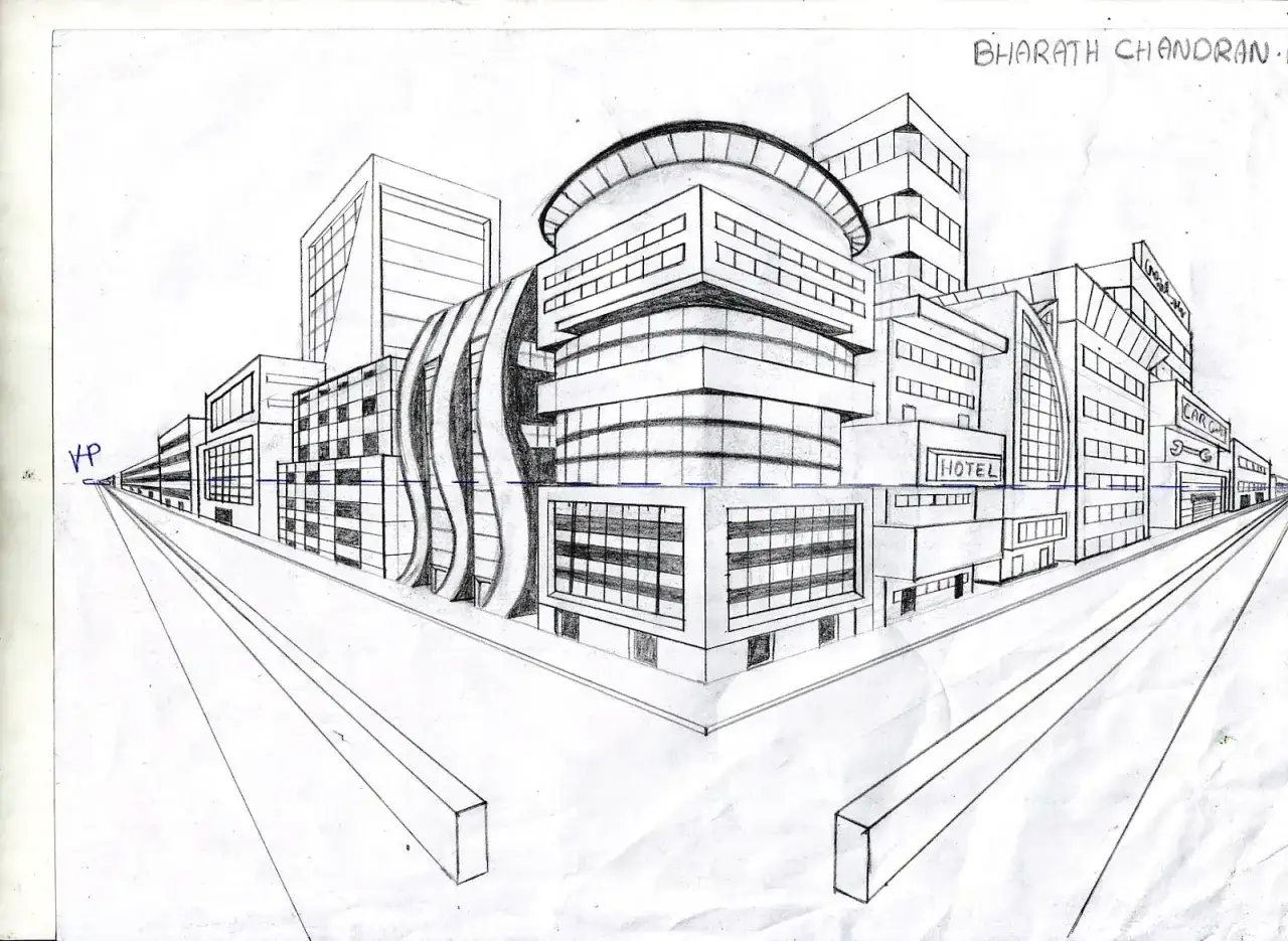 Dessin d'une ville moderne en perspective oblique, avec des immeubles aux formes variées et une route qui s'éloigne.