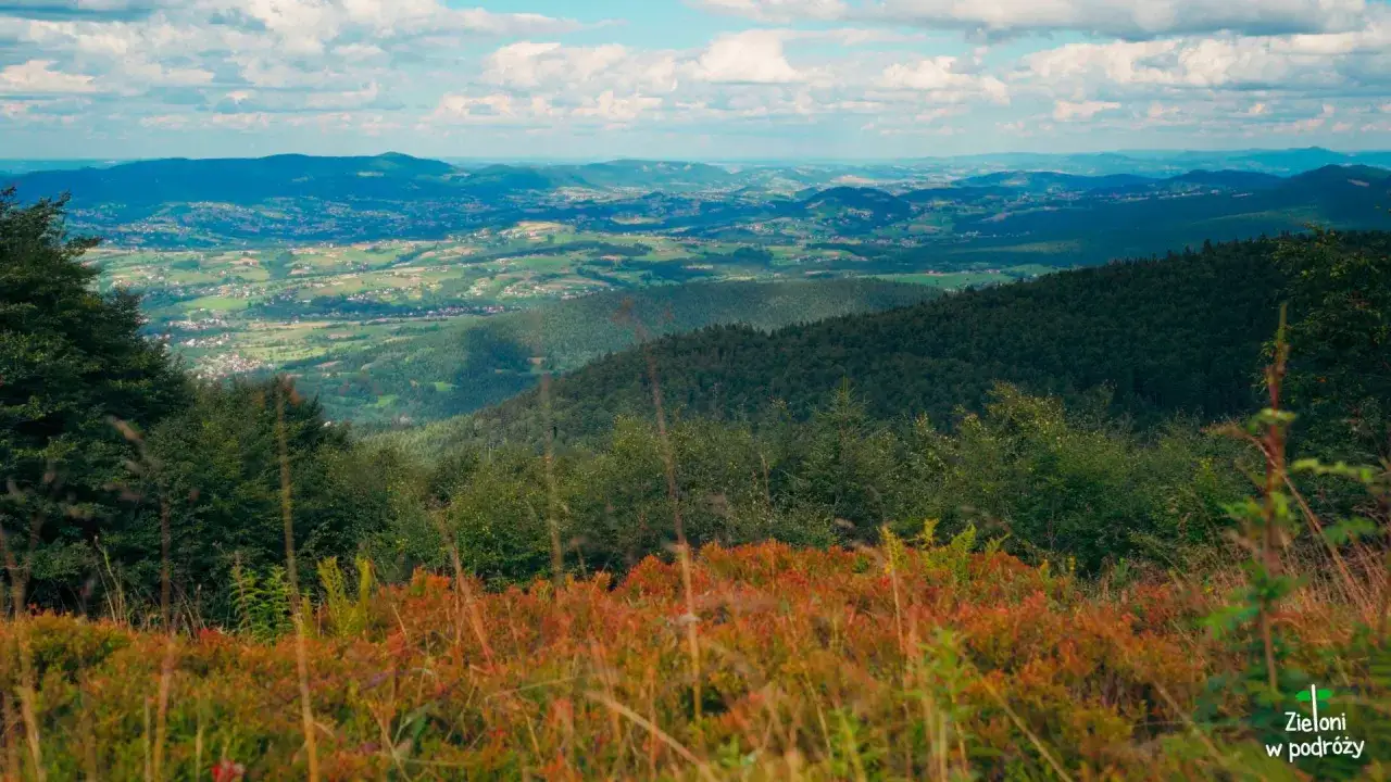 Widok z polany wyśnikówka na falujące wzgórza i doliny, pokryte lasami i osadami.
