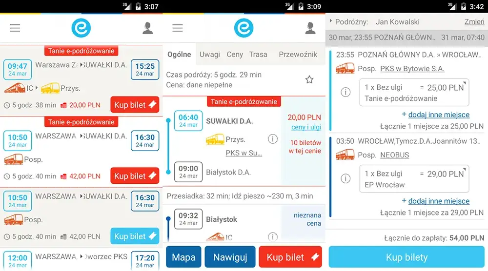 Aplikacja e-podróżnik na smartfonie z wyszukiwarką połączeń autobusowych