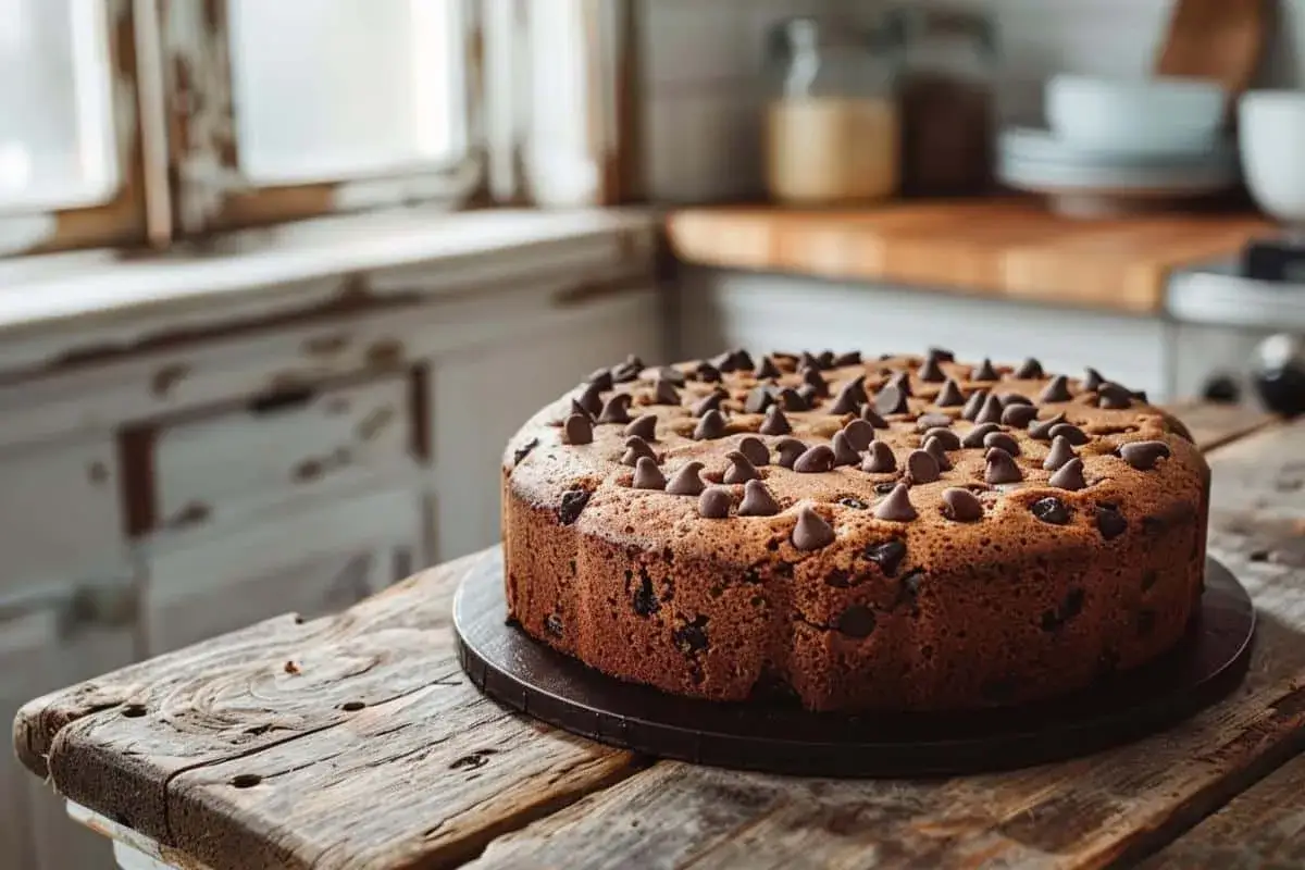 Un délicieux cake au chocolat, parsemé de pépites, attend sur une table en bois rustique.