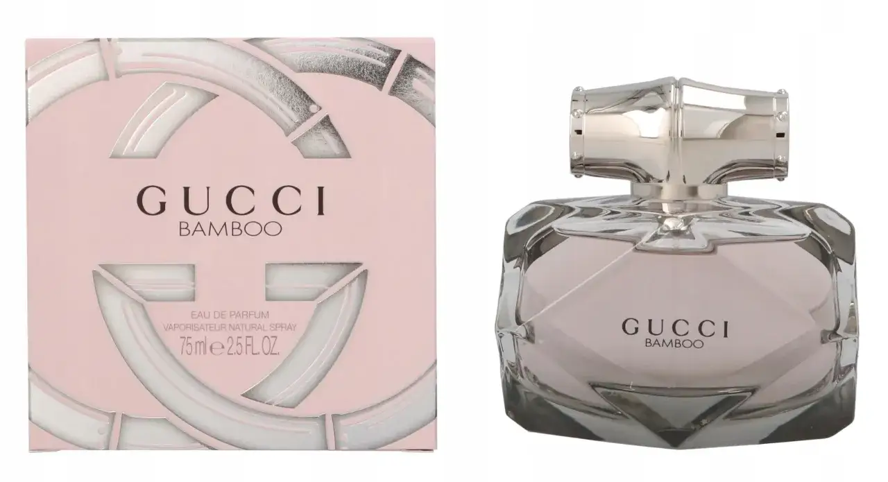 Eleganckie opakowanie i flakon perfum Gucci Bamboo 75ml, ozdobione motywem bambusa.