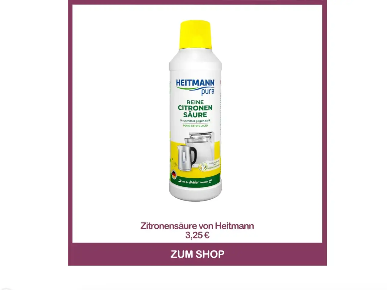 Heitmann pure Zitronens&auml;ure: ein Hausmittel gegen Kalk, das auch bei einem verstopften Abfluss helfen kann.