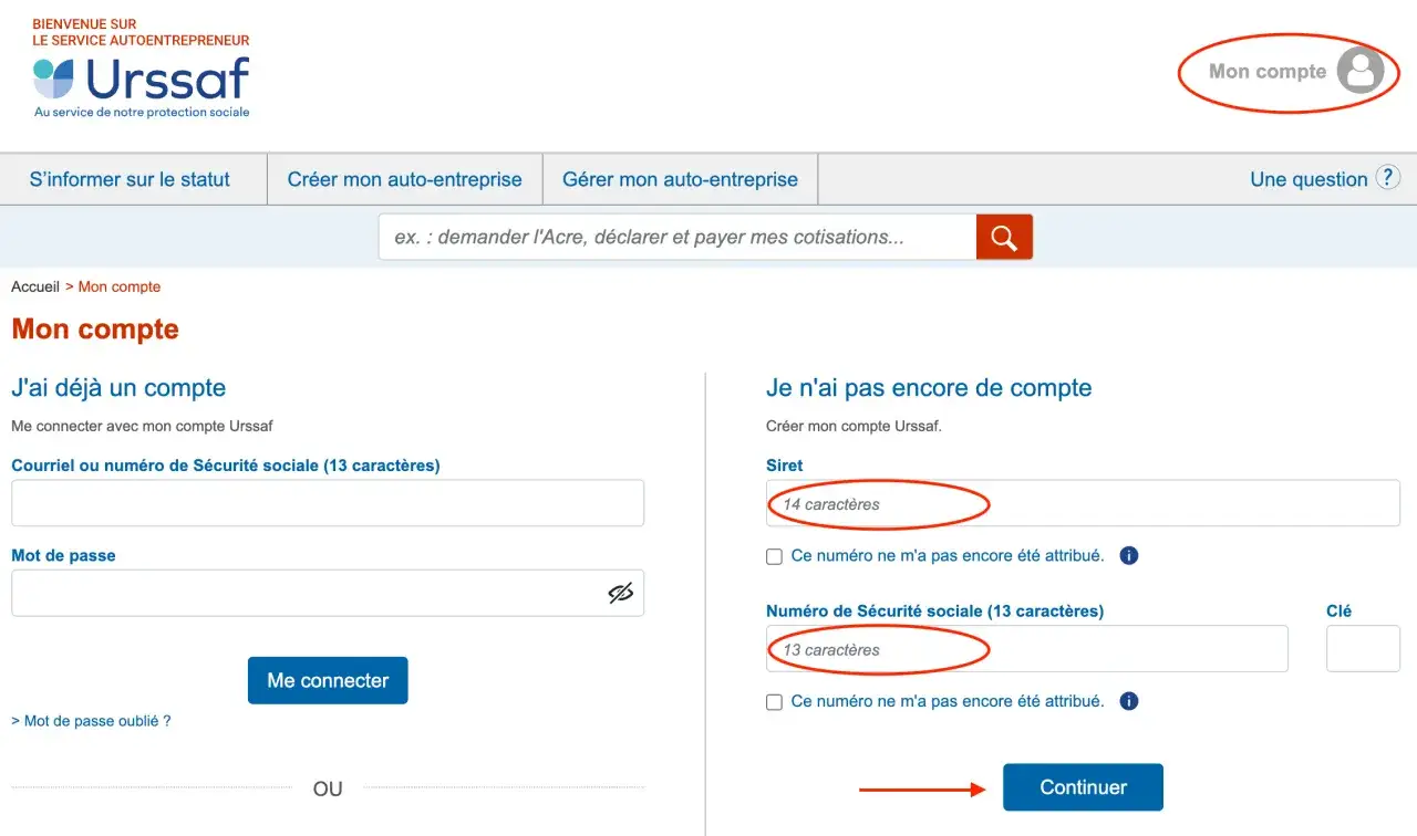 Page de connexion Urssaf pour auto-entrepreneurs. On peut s'identifier ou créer un compte. Le mot-clé