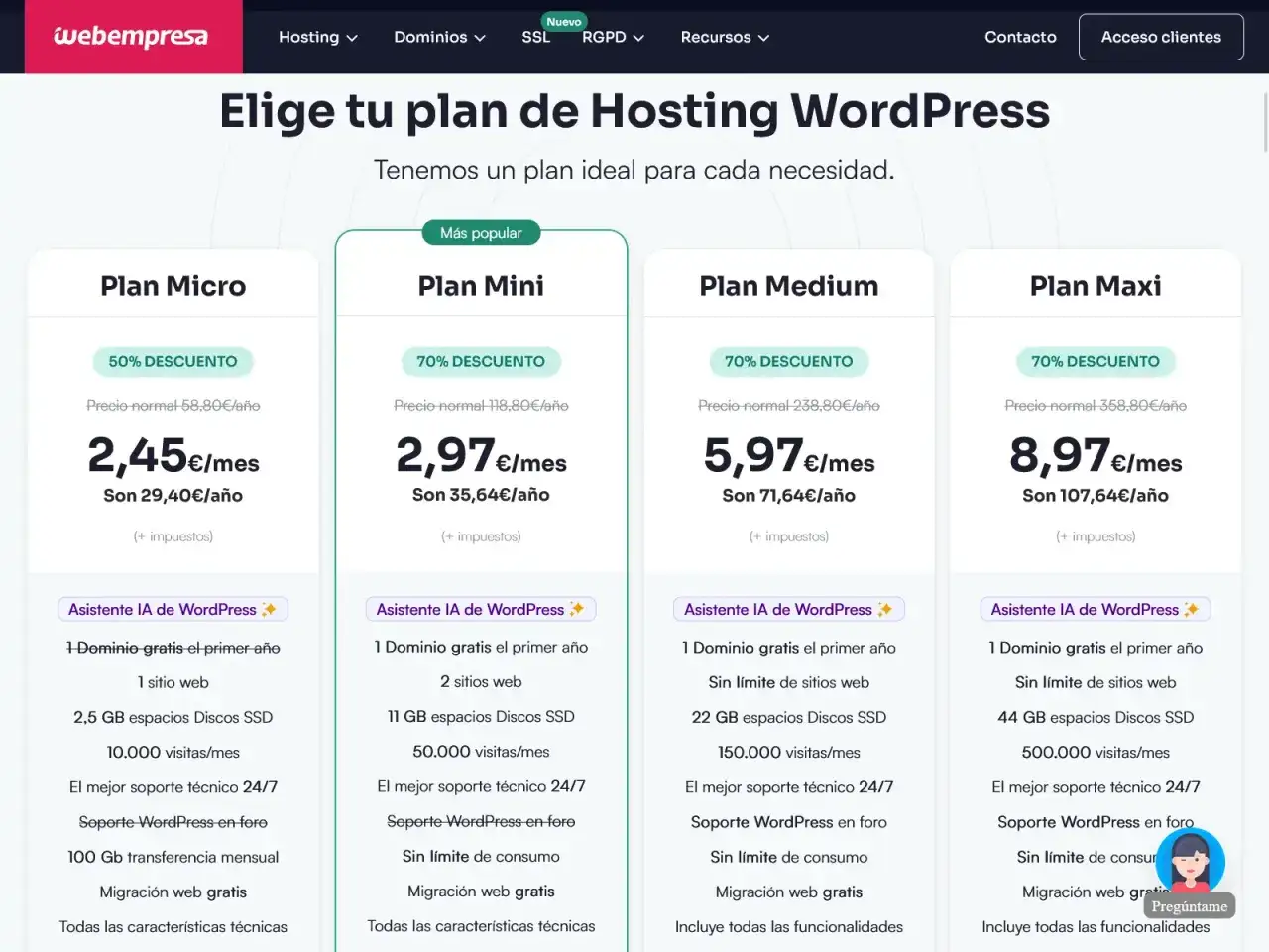 Planes de hosting WordPress con precios desde 2,45&euro;/mes. Encuentra servidores para p&aacute;ginas web gratis o de pago, con diferentes capacidades y soporte.