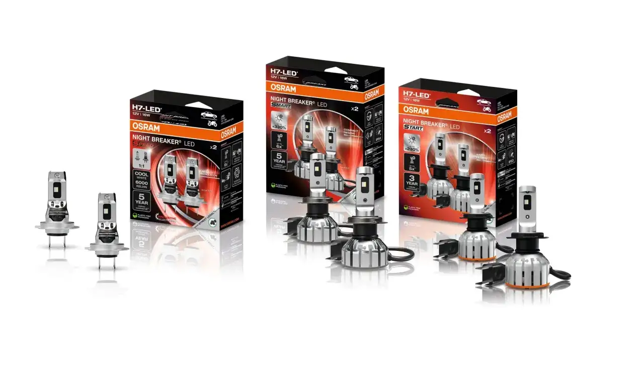 Osram H7 LED-lampor, e-godk&auml;nda f&ouml;r b&auml;ttre sikt. Tre f&ouml;rpackningar med LED-lampor f&ouml;r fordon.