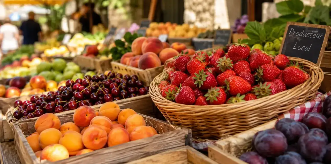 Un &eacute;tal de march&eacute; d&eacute;bordant de fruits frais : fraises, cerises, abricots et prunes. Un panneau 