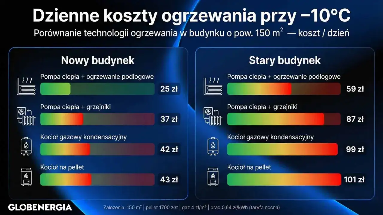 Ranking najtańsze ogrzewanie domu: pompa ciepła z podłogówką w nowym budynku kosztuje 25 zł/dzień. W starym budynku to 59 zł.
