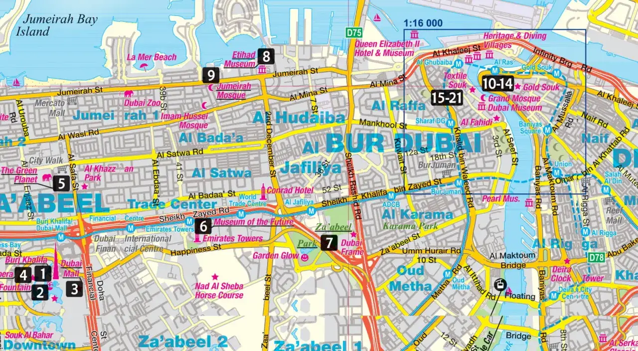 Mapa pokazuje, gdzie jest Dubaj, z zaznaczonymi atrakcjami jak Burdż Chalifa, Muzeum Dubaju i Jumeirah Bay Island.
