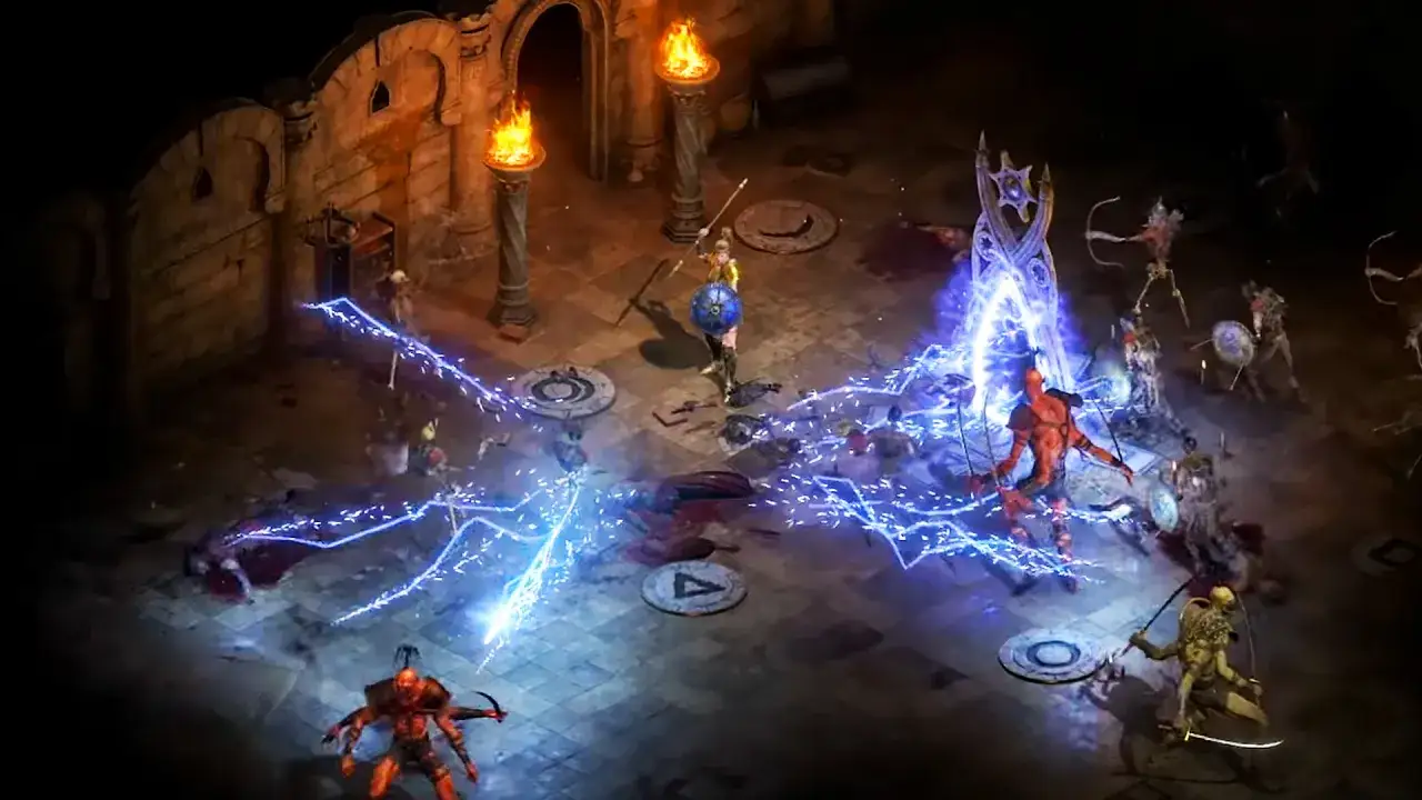 Wojowniczka walczy z demonami i szkieletami w mrocznym lochu. Intensywne błyskawice rozświetlają scenę, ukazując walkę w Diablo 2 na PS5.