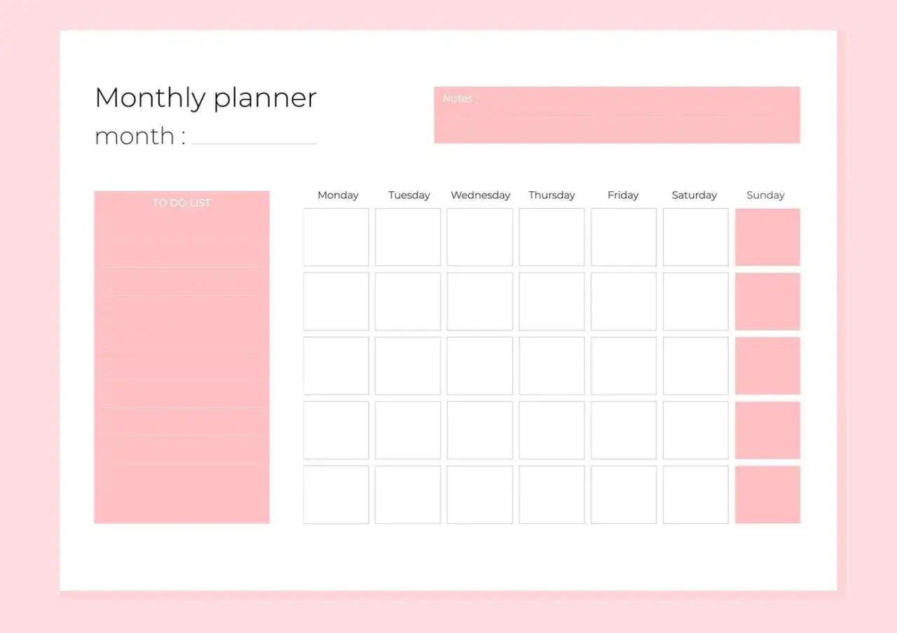 Un calendario mensual para imprimir con espacio para notas y lista de tareas.