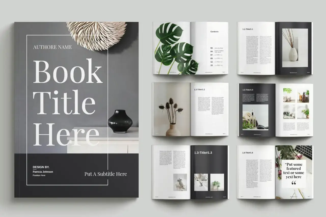 Maquette de livre InDesign avec couverture sobre et pages int&eacute;rieures &eacute;l&eacute;gantes, pr&eacute;sentant des textes et des images.