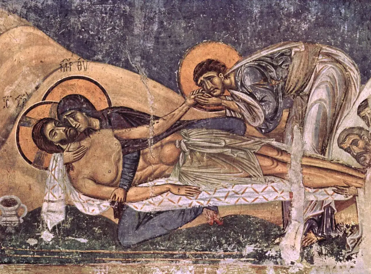 A poignant scene of grief, reminiscent of sad Renaissance paintings. Mary cradles Jesus, while an angel weeps, capturing the sorrow of the Lamentation.