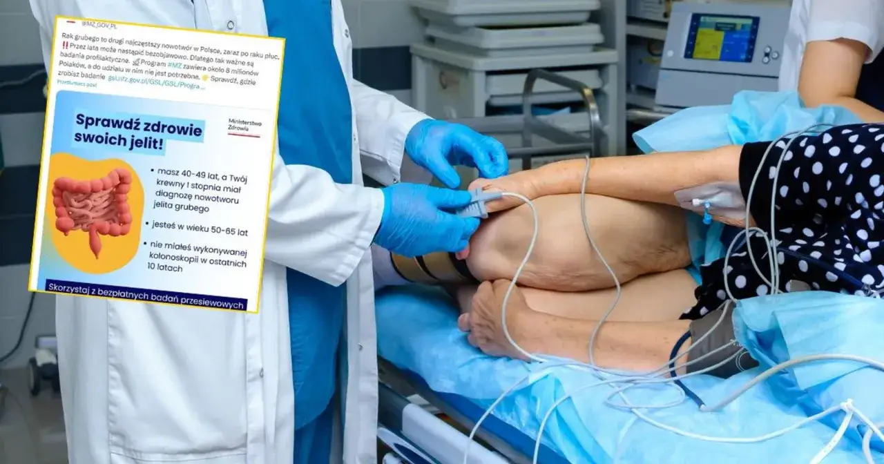 Grafika zachęca do badań profilaktycznych jelita grubego. Lekarz w rękawiczkach przygotowuje pacjenta do badania.