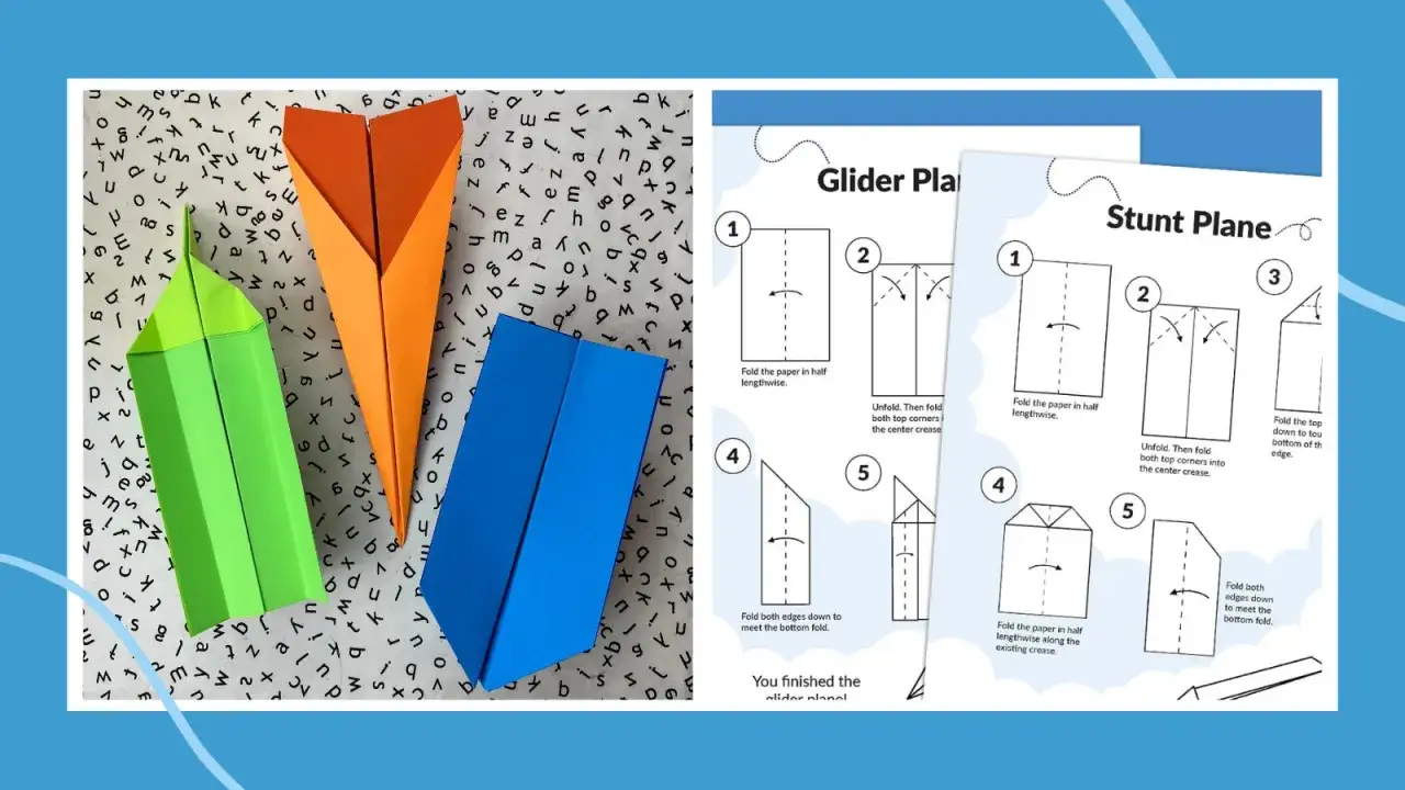 Bunte Papierflugzeuge und eine Bastelanleitung für ein Flugzeug basteln Vorlage.