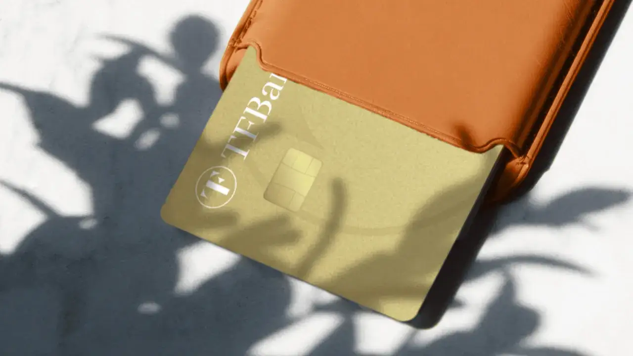 Goldene TF Bank Karte in einem orangen Etui, die Schatten von Bl&auml;ttern werfen. Gute tf bank erfahrungen sind hier zu erwarten.
