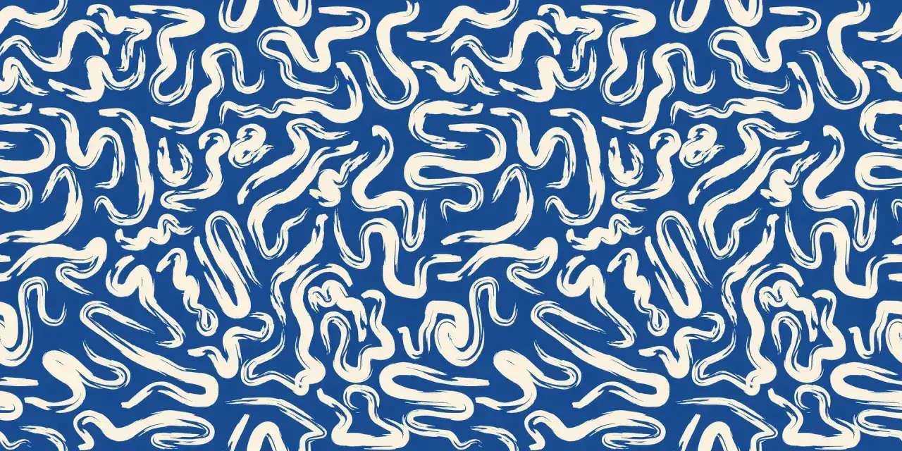 Motif abstrait bleu et blanc, une **répétition art** de formes sinueuses et organiques évoquant des vagues ou des rubans.