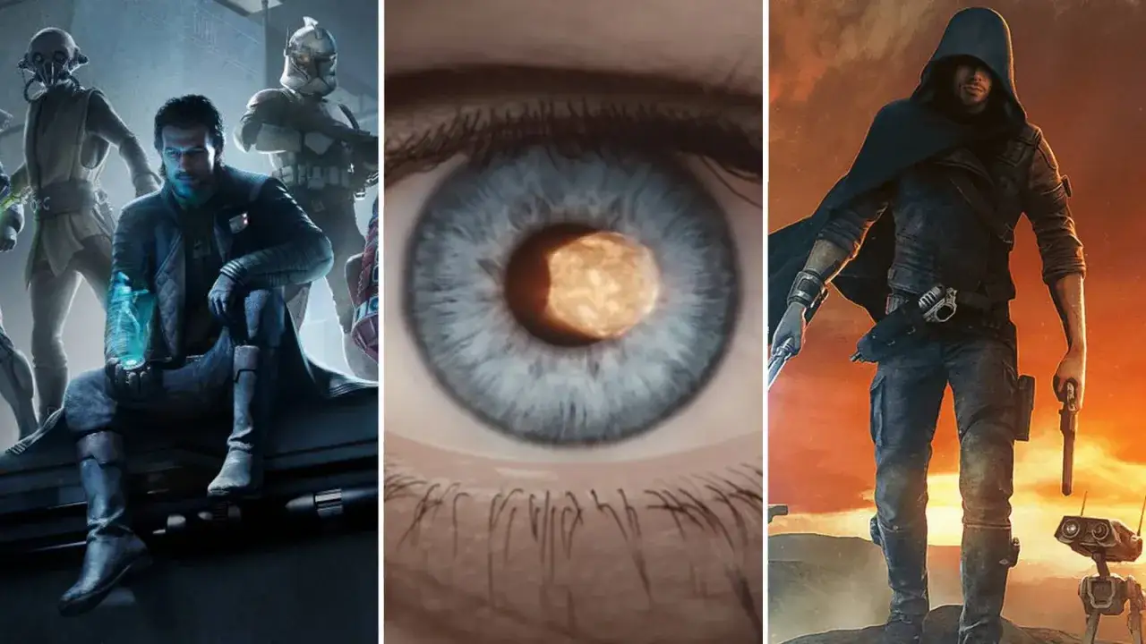 Postacie z gry Star Wars Eclipse: mężczyzna z niebieskim światłem, oko z odbiciem słońca, tajemniczy wojownik z mieczem świetlnym.