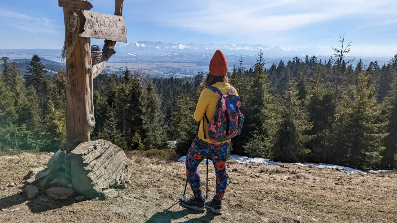 Widok na Tatry z drewnianego słupa z napisem