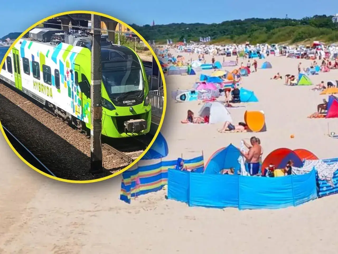 Pociąg hybrydowy na torach, obok plaża pełna ludzi. Do jakich miast nad morzem można dojechać pociągiem?