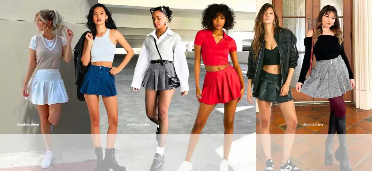 Sechs junge Frauen pr&auml;sentieren verschiedene Outfits, die zeigen, wie man einen Minrock kombinieren kann: von sportlich bis elegant.