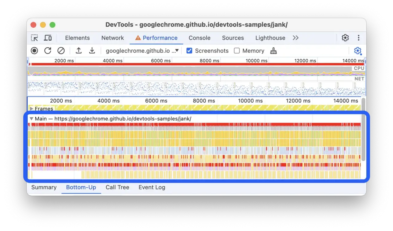 Narzędzia deweloperskie Chrome pokazują analizę wydajności strony internetowej, z wykresem czasowym i szczeg&oacute;łami wątku gł&oacute;wnego.