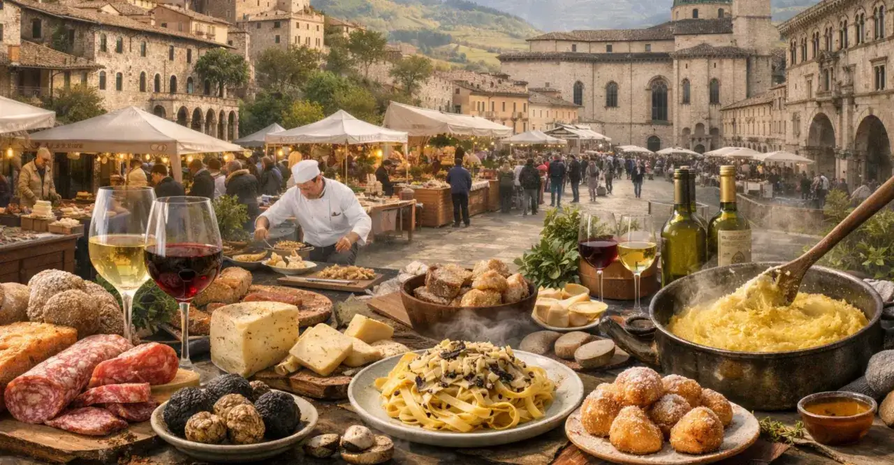 Banchetti e sapori autentici alla sagra Marche. Formaggi, salumi, tartufi e pasta fresca in un borgo medievale.