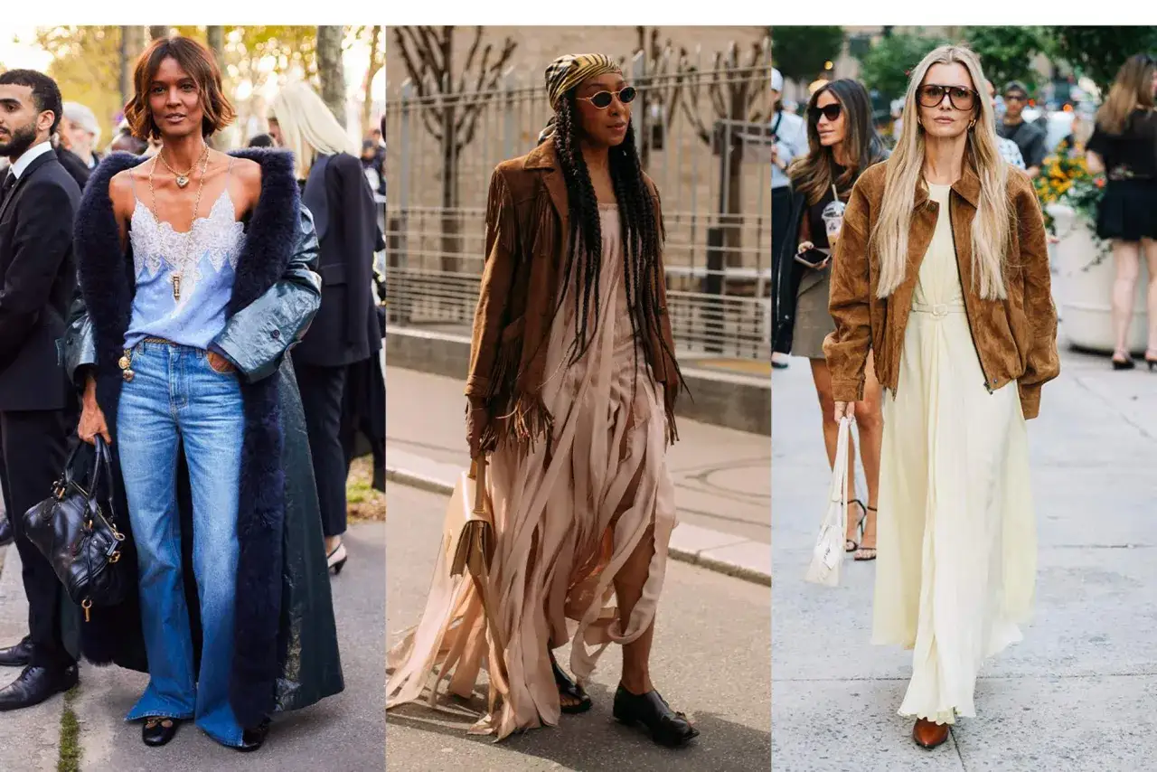 Drei Frauen zeigen, was ist Boho Style: Jeans, Spitze, Fransenjacke und flie&szlig;ende Kleider.