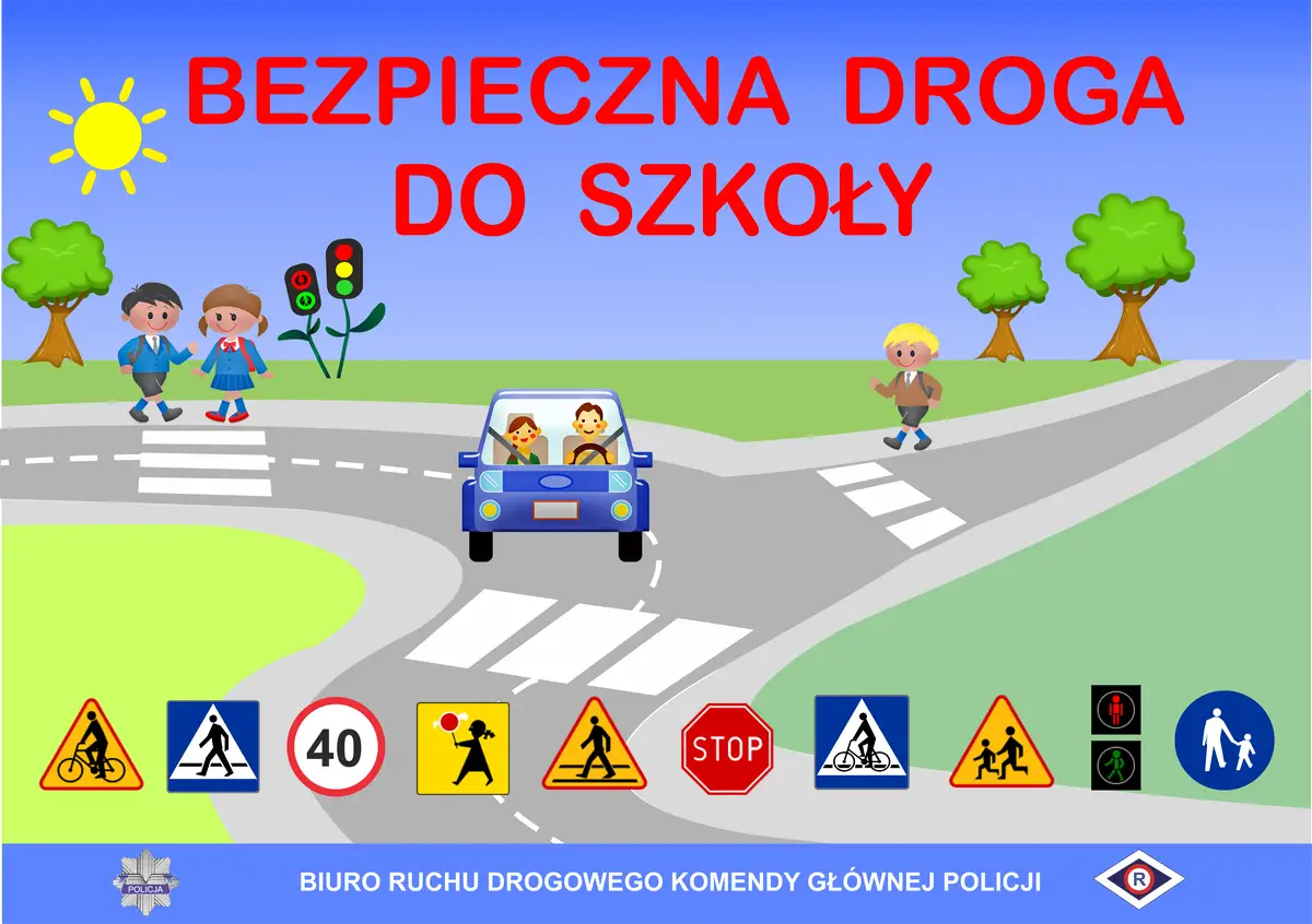 Ilustracja pokazuje zasady bezpieczeństwa na drodze dla dzieci. Dzieci przechodzą przez pasy, a samochód się zatrzymuje. Znaki drogowe przypominają o ostrożności.