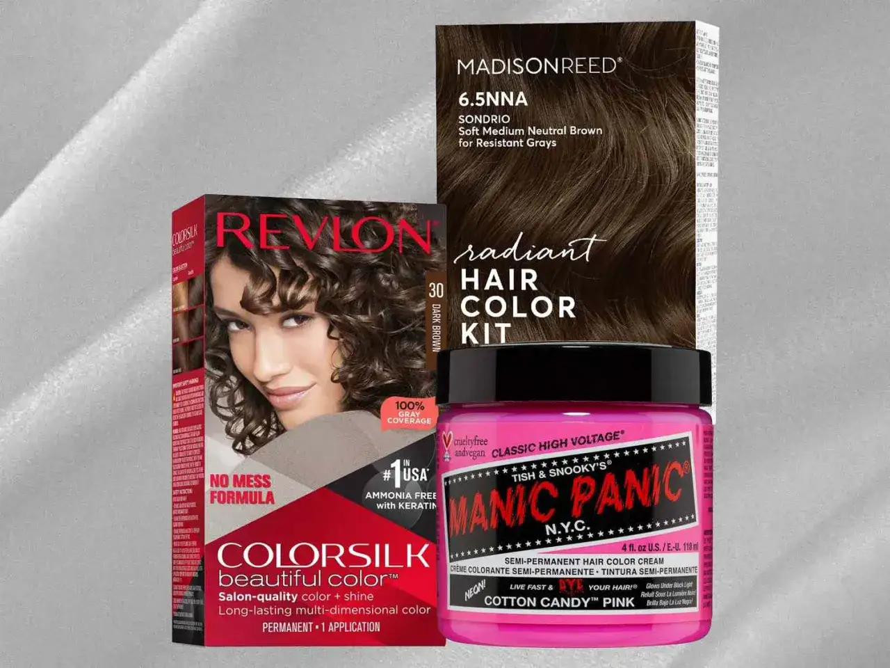 Cajas de tintes para el cabello: Revlon Colorsilk, Madison Reed y Manic Panic. Opciones para mechas sin amoniaco y colores vibrantes.