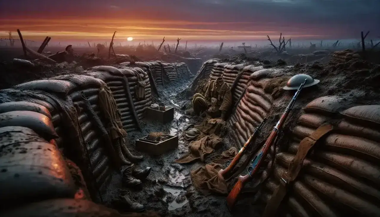 Trincea desolata al tramonto, con fucili e elmetti. Un'immagine che evoca la crudezza della guerra, lontana da ogni 
