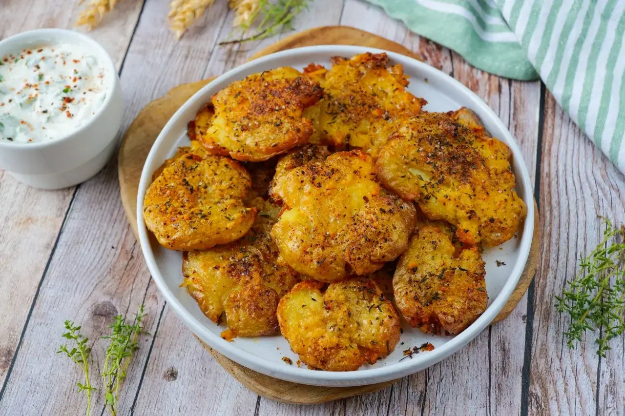 Pommes de terre &eacute;cras&eacute;es et r&ocirc;ties, assaisonn&eacute;es d'herbes et d'&eacute;pices. Une id&eacute;e pour cuisiner la pomme de terre en 45 recettes originales, servies avec une sauce cr&eacute;meuse.