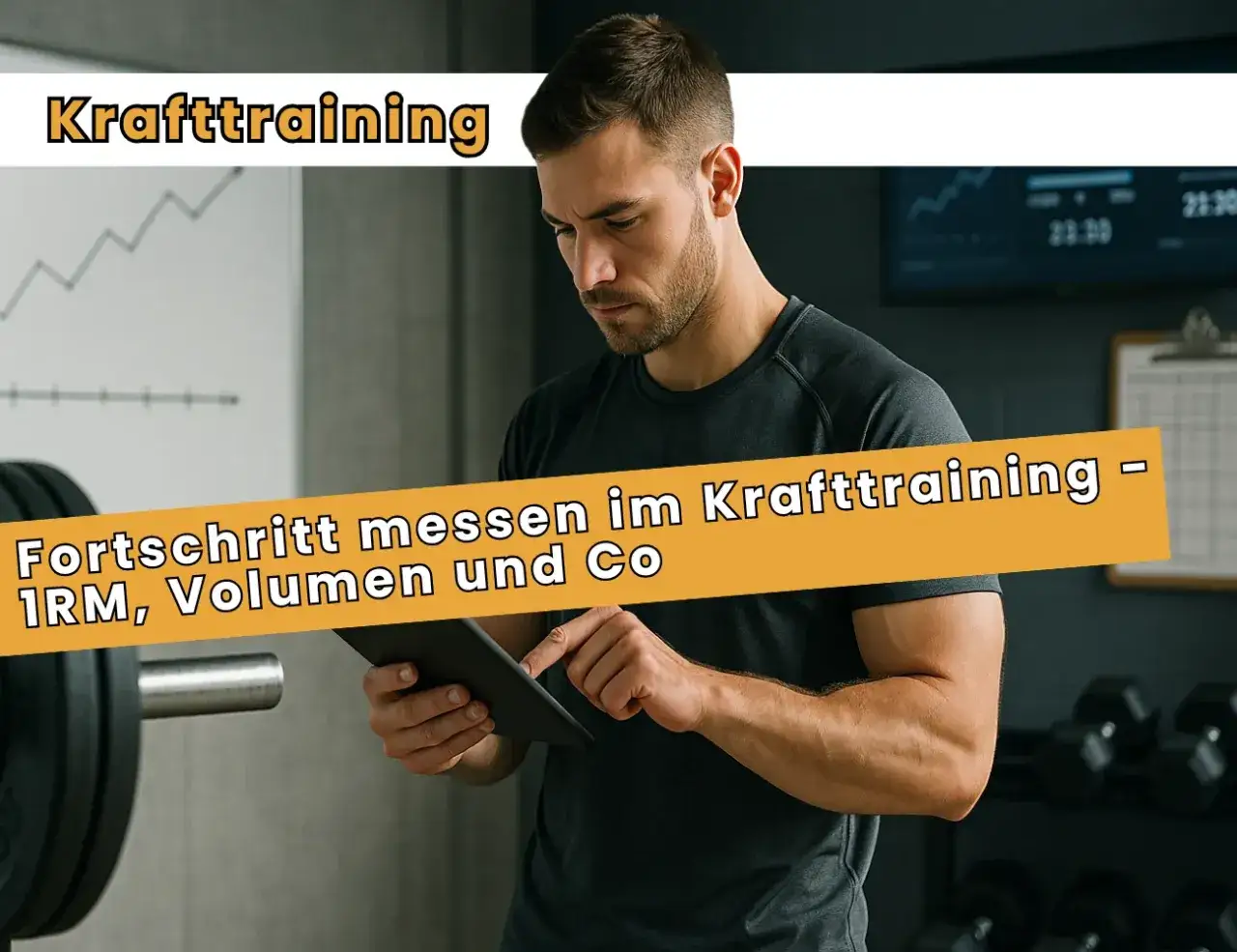 Mann im Fitnessstudio mit Tablet, der Fortschritt im Krafttraining misst. Gewicht und Volumen sind wichtig.