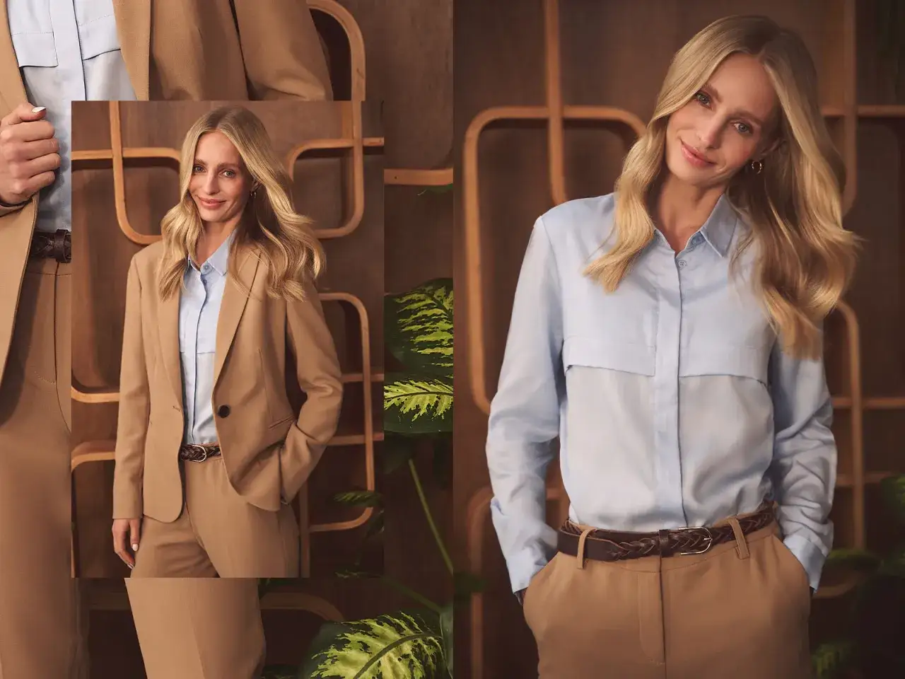 Elegancka kobieta w beżowym garniturze i błękitnej koszuli, idealna stylizacja biznesowy dress code.