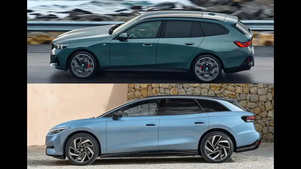 Dwa kombi: zielone BMW i5 na drodze i niebieskie auto na tle kamiennej ściany.