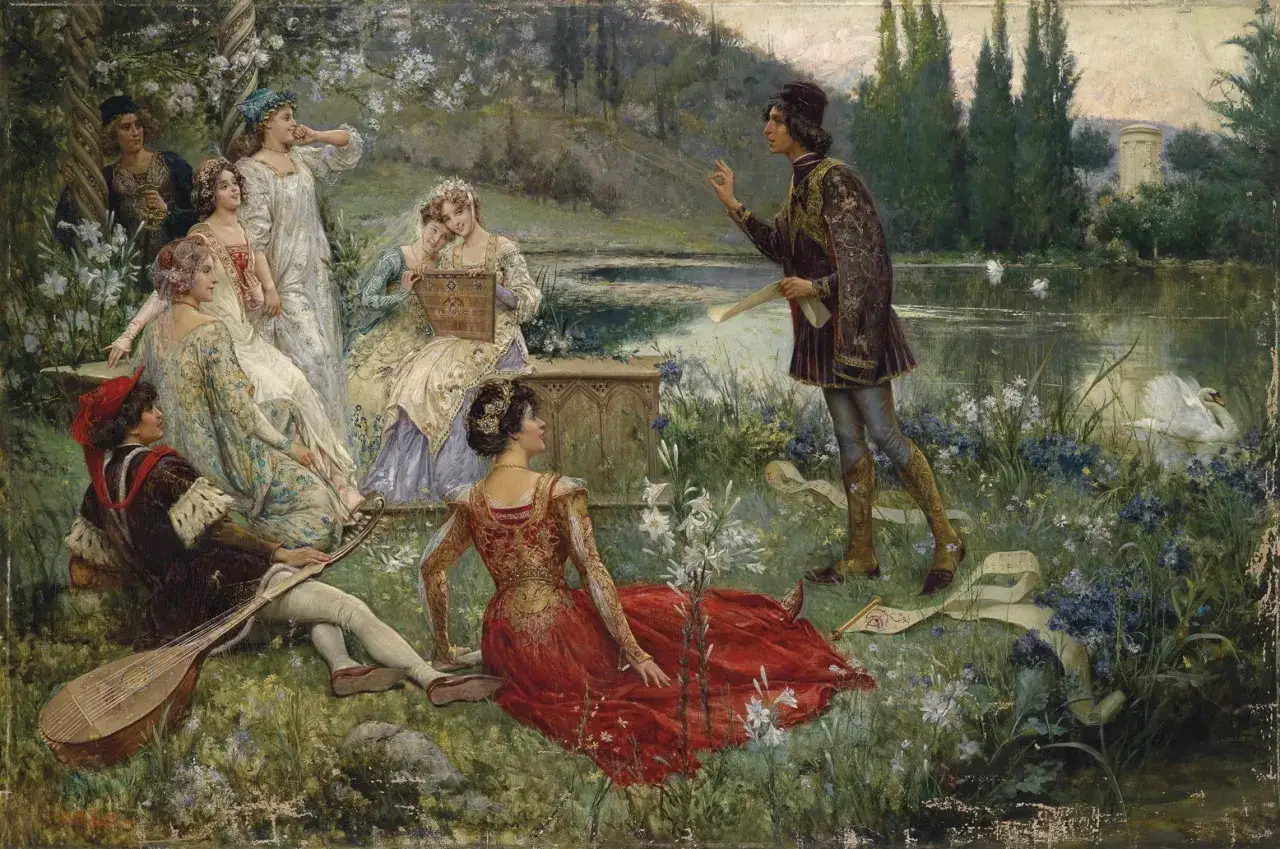 En grupp unga m&auml;nniskor samlas vid en sj&ouml;, en man l&auml;ser h&ouml;gt ur ett pergament, kanske inspirerad av Giovanni Boccaccio. Svanar simmar i vattnet.
