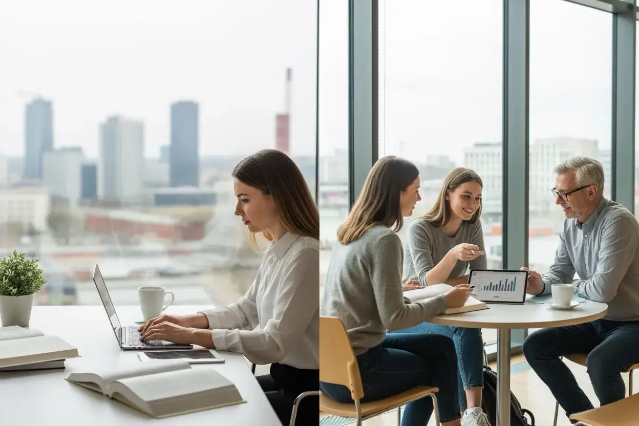 Kobieta pracuje na laptopie, a obok dwie studentki i wykładowca omawiają wykres na tablecie. Idealne dla studiów online Śląsk.
