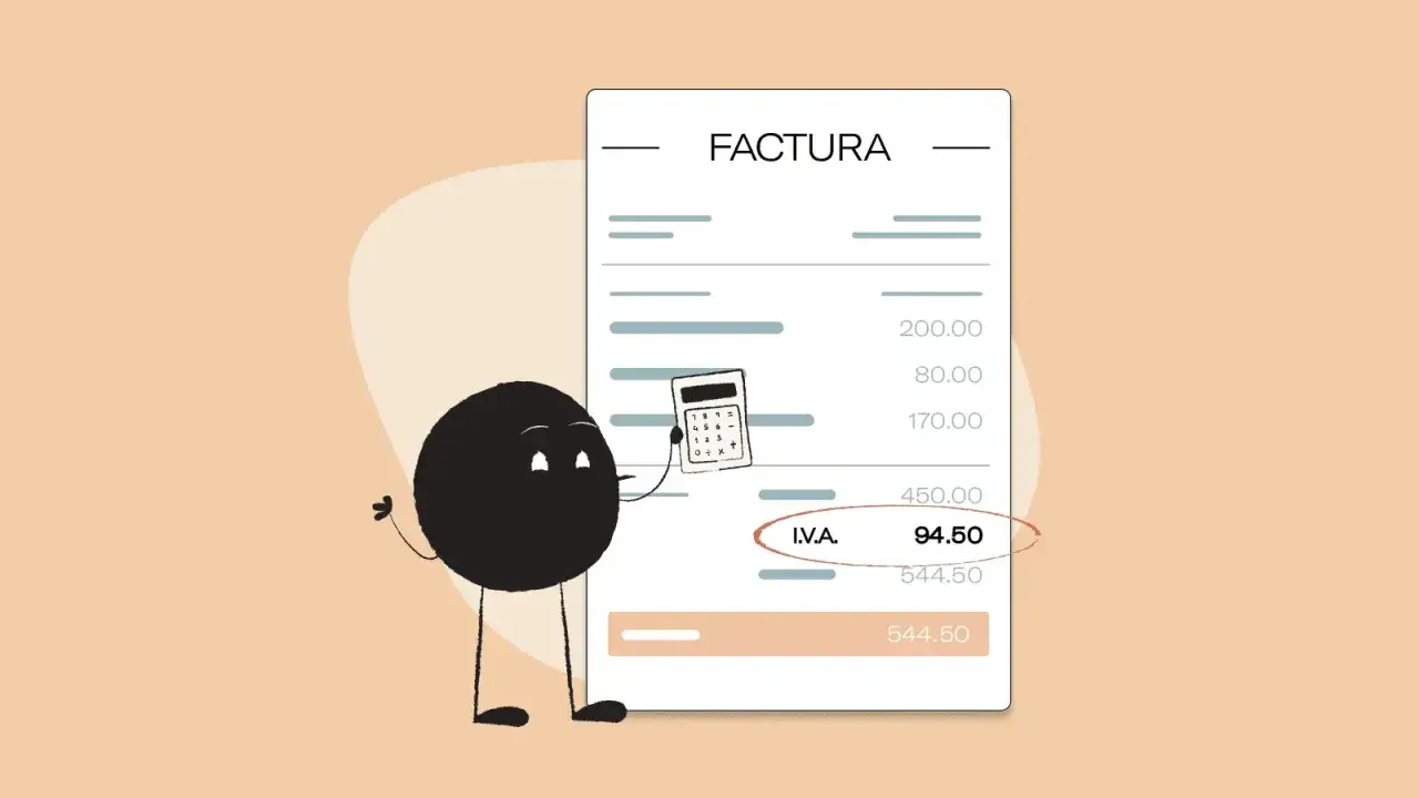 Personaje animado muestra c&oacute;mo calcular el IVA de una factura con una calculadora.