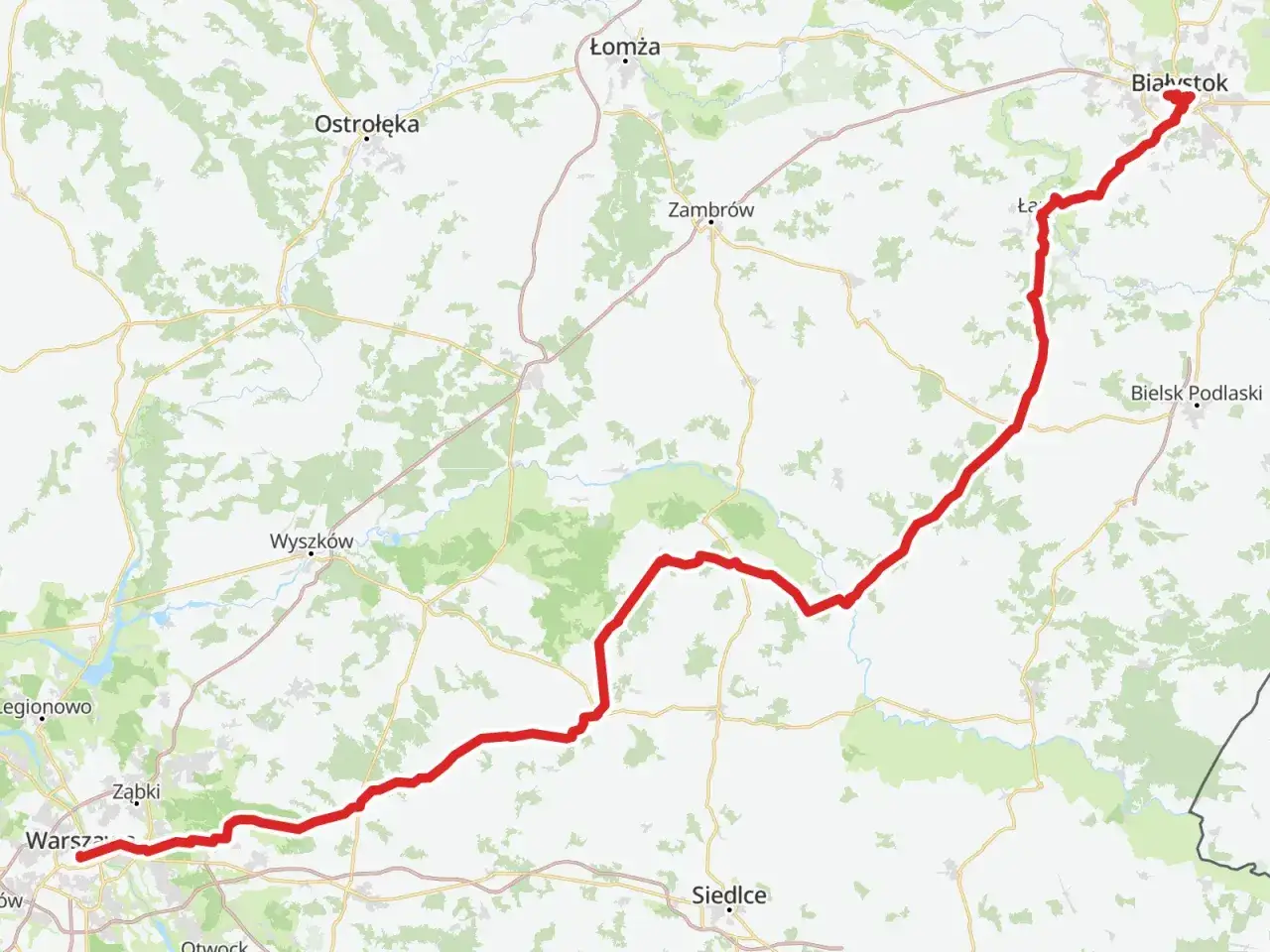 Trasa z Warszawy do Białegostoku zaznaczona czerwoną linią na mapie.