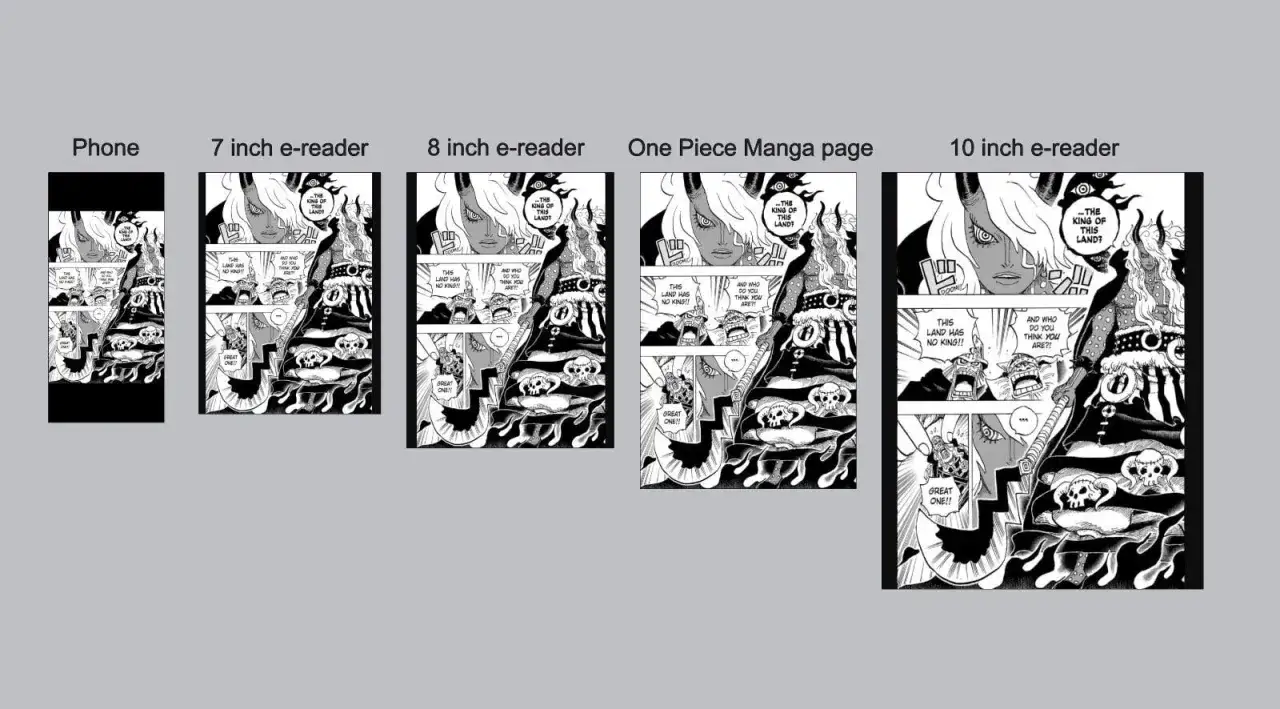 Comparaison de pages de manga One Piece sur différents écrans, du téléphone à la liseuse 10 pouces.