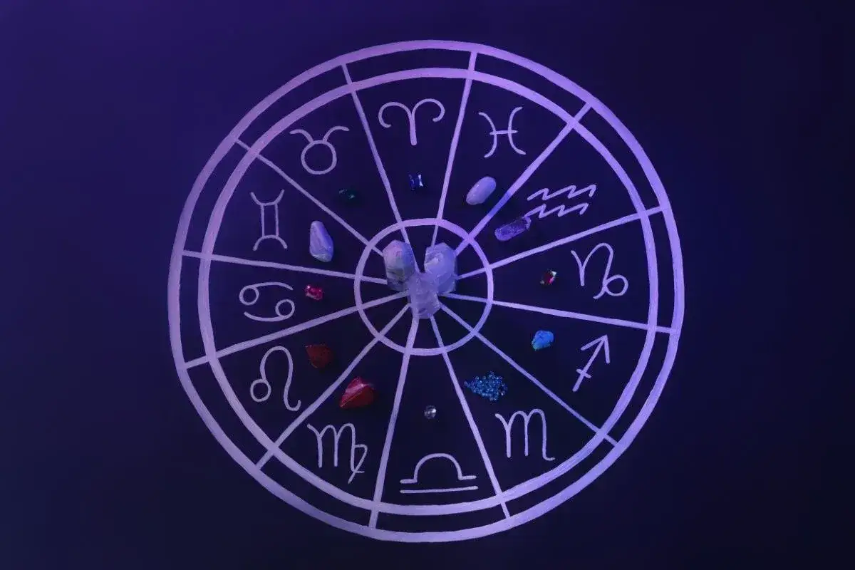 Koło zodiaku z symbolami znaków i kamieniami. Znaki kardynalne astrologia w centrum.