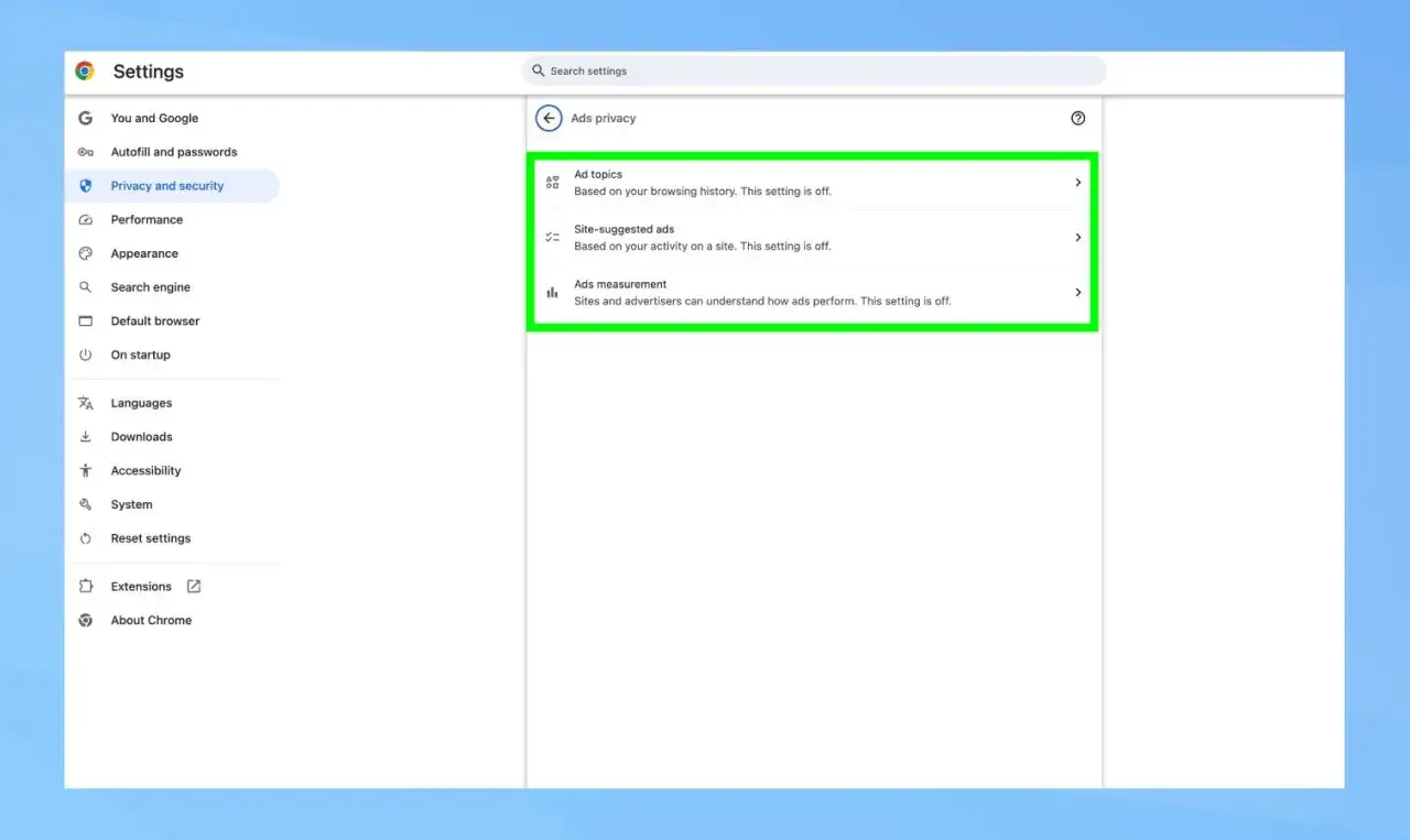 Ustawienia prywatności reklam w Chrome. Możesz zarządzać tym, jak Twoja **chrome historia przeglądania** wpływa na reklamy.