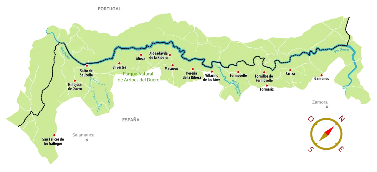 Mapa del recorrido del Duero por el Parque Natural de Arribes del Duero, mostrando pueblos como Aldead&aacute;vila, Vilvestre y Fermoselle.