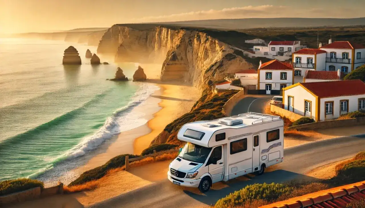 Ein wei&szlig;es Wohnmobil f&auml;hrt auf einer K&uuml;stenstra&szlig;e an der Algarve entlang. Im Hintergrund Felsen und ein Strand.