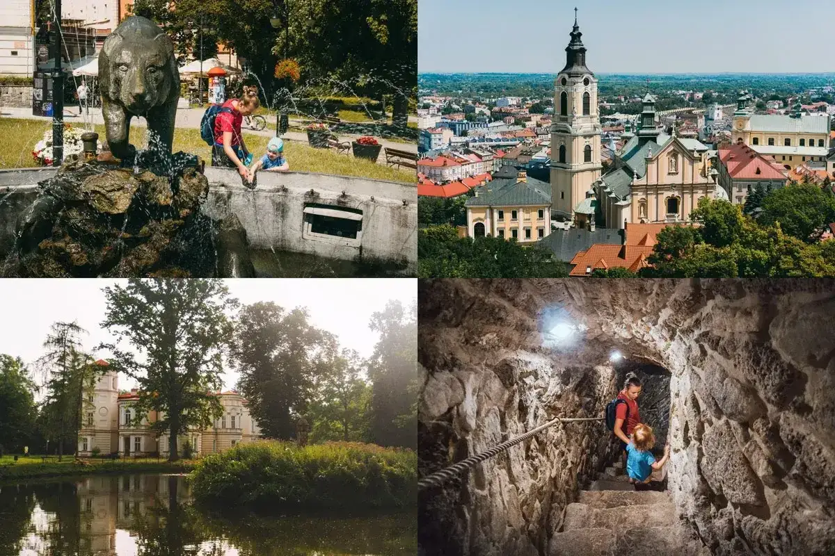 Dzieci bawią się przy fontannie z niedźwiedziem, widok na miasto z wieżą kościelną, pałac nad jeziorem i schody w jaskini – to wszystko zachęca, by przemyśl atrakcje.