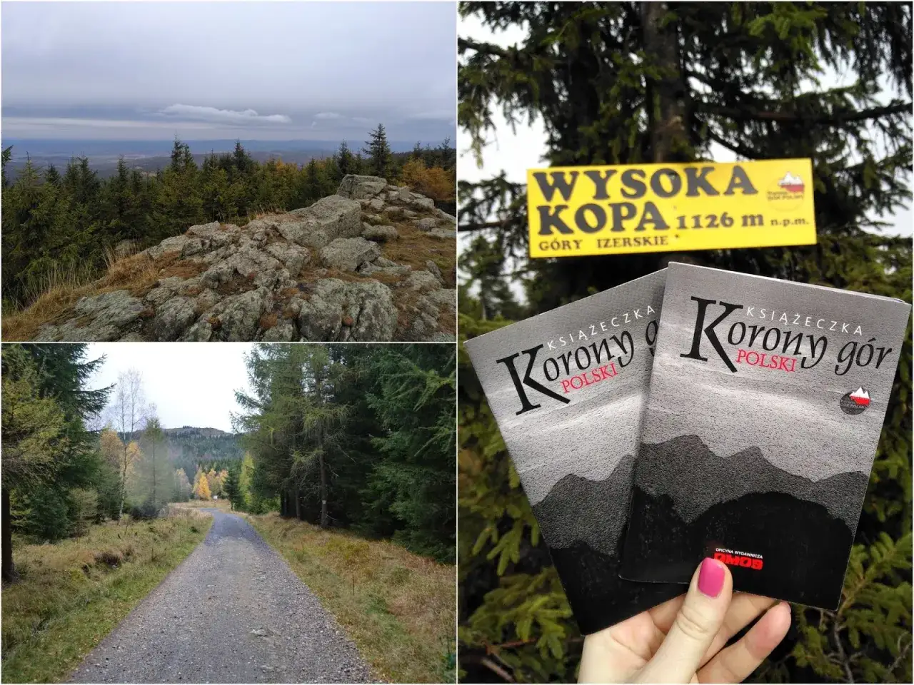 Szczyt Wysoka Kopa w Górach Izerskich, 1126 m n.p.m. Widok na okolicę, kamienisty szlak i książeczki 