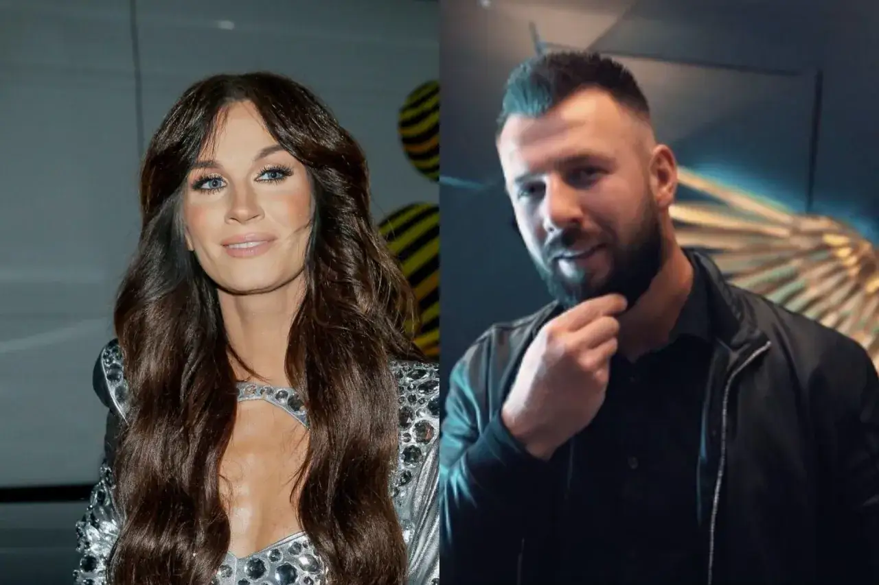 Sylwia Grzeszczak z partnerem, raperem, który podziwia jej błyszczącą kreację.